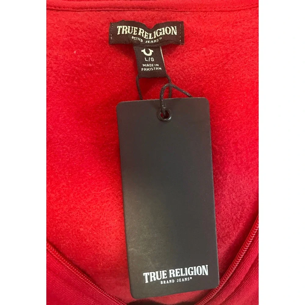 True Religion Mens College HS Zip Hoodie Red Distressed Logo Sweatshirt L